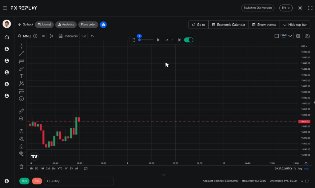 FX Replay backtesting workspace with TradingView chart, playback controls and Buy/Sell order bar for MNQ