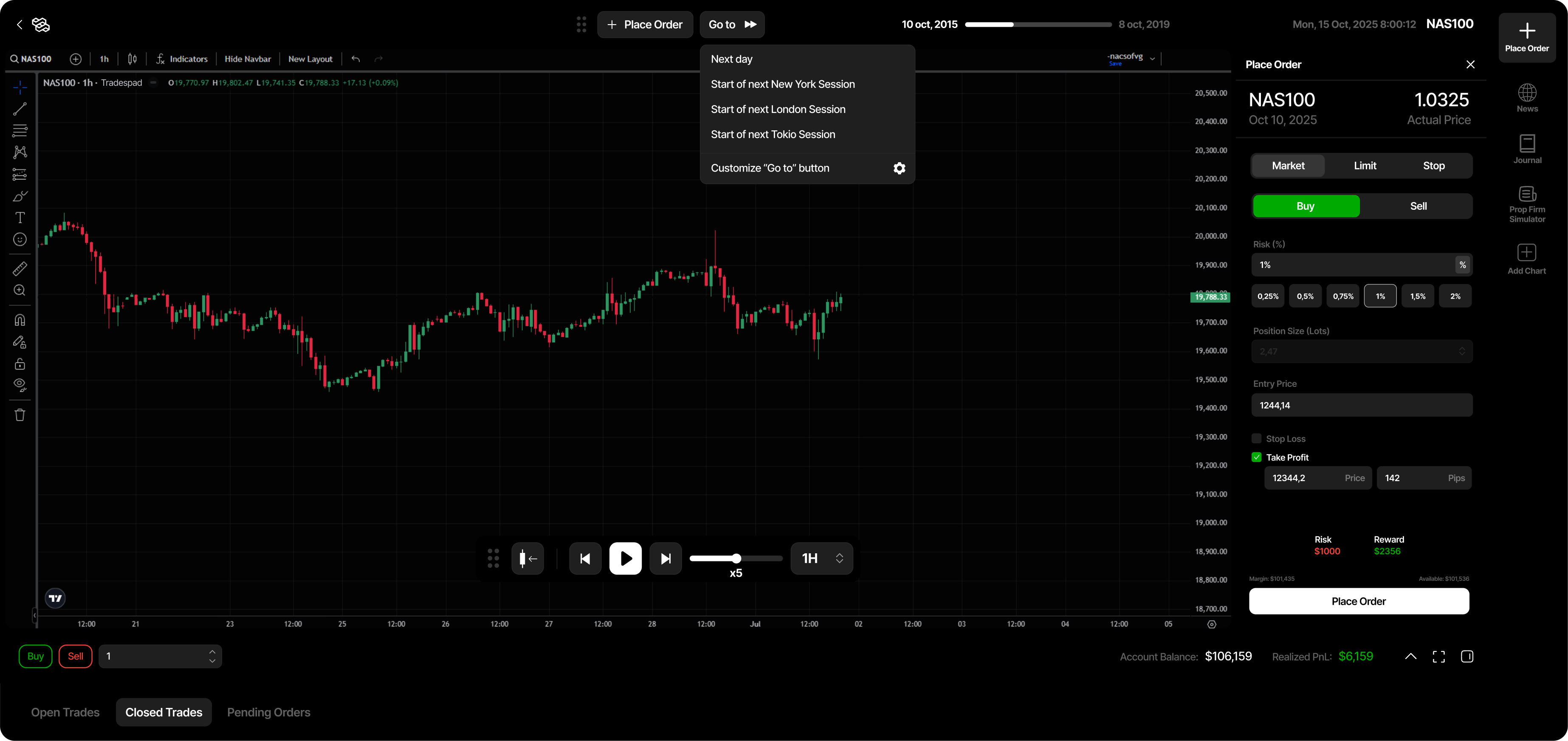 Tradespad backtesting workspace with TradingView chart, playback controls and Place Order panel for NAS100